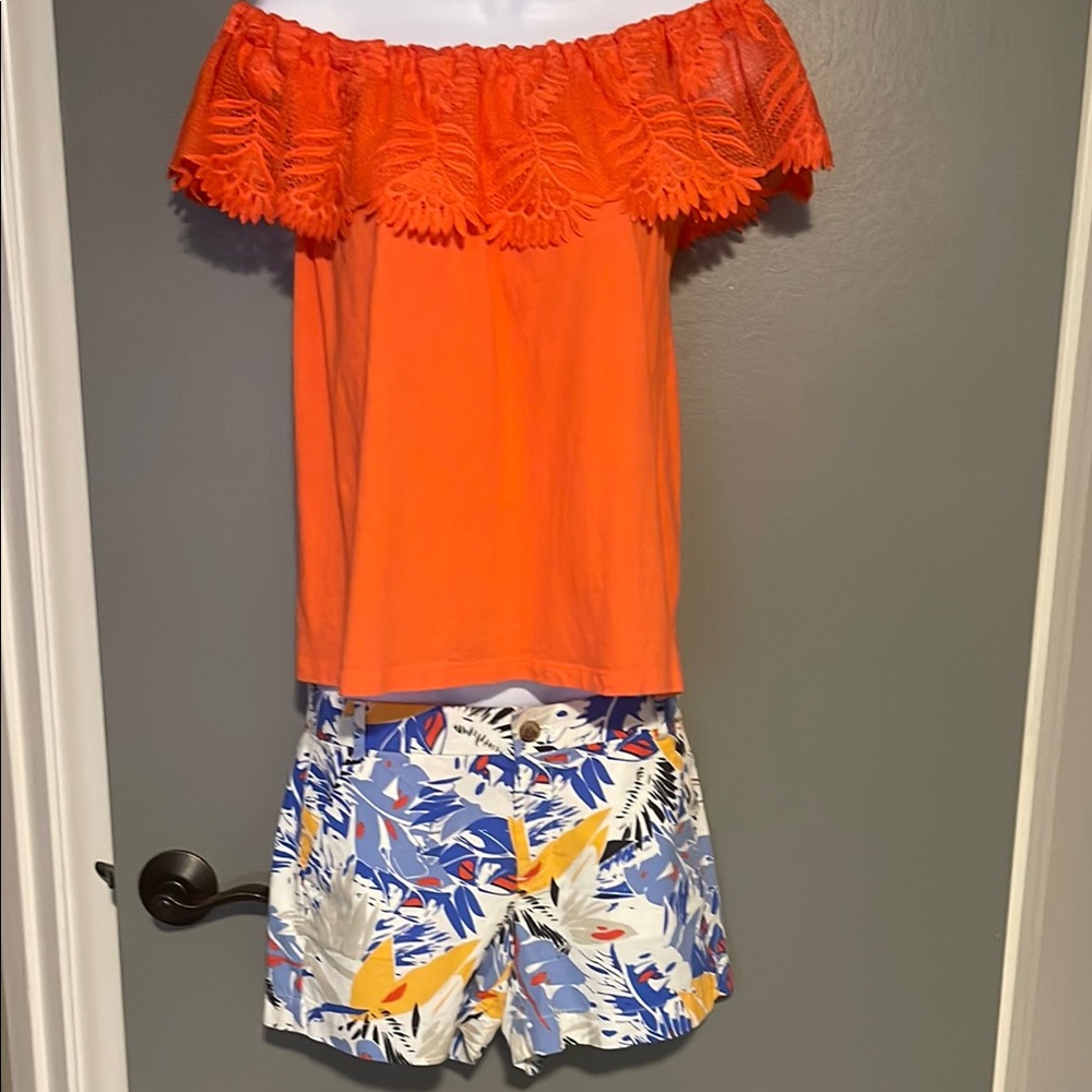 Orange Off-Shoulder Top with Tropical Print Shorts by The Gap